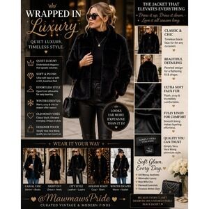 Black‎ Faux Fur Jacket Quiet Luxury Old Money Glam Winter Coat NWOT XL